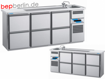 CHROMOnorm Biertheke, 6 Schubladen, 2100 x 700 x 980 mm, Becken links od. rechts