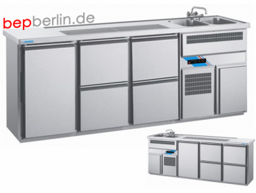 CHROMOnorm Biertheke, 1 Tür, 4 Schubladen, 2500 x 700 x 980 mm, Becken links od. rechts