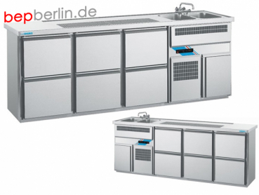 CHROMOnorm Biertheke, 6 Schubladen, 2500 x 700 x 980 mm,  Becken links od. rechts