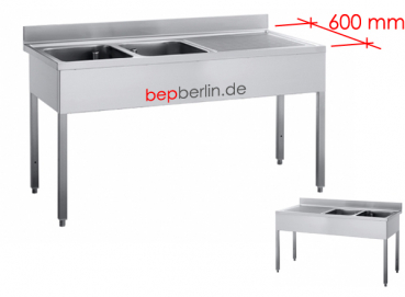 Spültisch 1600 x 600 x 850 mm, 2 Beckens rechts od. links