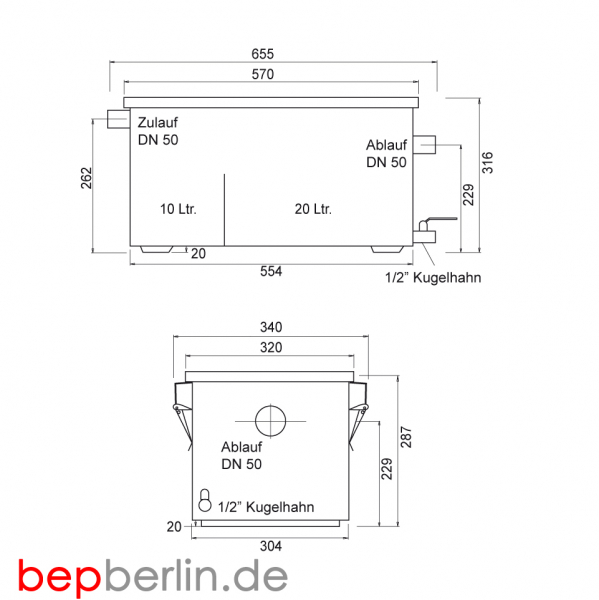 Kompakter Fettabscheider 655 x 340 x 316 mm, 20 Liter
