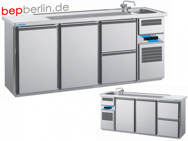 CHROMOnorm Biertheke, 2 Türen, 2 Schubladen, 2100 x 700 x 980 mm, Becken links od. rechts