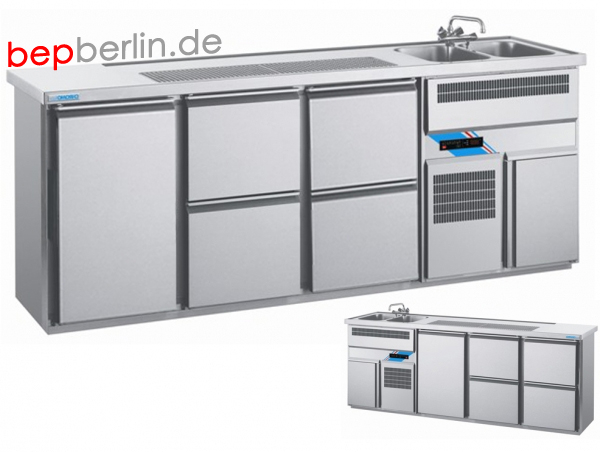 CHROMOnorm Biertheke, 1 Tür, 4 Schubladen, 2500 x 700 x 980 mm, Becken links od. rechts
