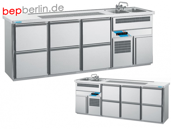 CHROMOnorm Biertheke, 6 Schubladen, 2500 x 700 x 980 mm,  Becken links od. rechts